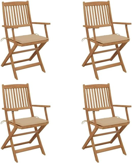Set aus 4 klappbaren Gartenstühlen von vidaXL aus geöltem Akazienholz mit beigen Kissen in Braun - Bild 1