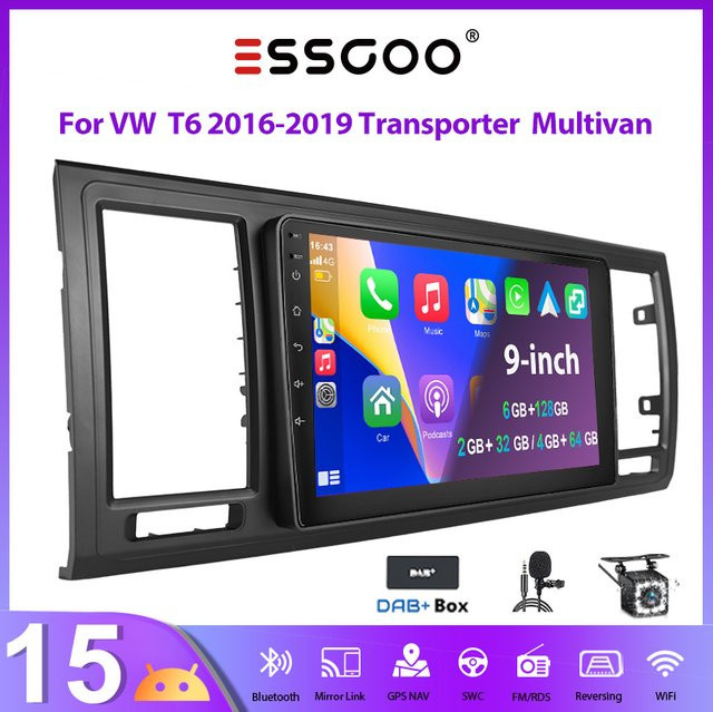ESSGOO Android 15 Autoradio mit 9 Zoll Touchscreen für VW T6 Transporter Multivan 2016-2019, Schwarz, Bluetooth, GPS, WIFI, Wireless CarPlay und Android Auto - Bild 1
