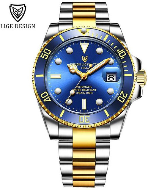 LIGE Armbanduhr Automatik, Edelstahl, Blau, Gold, Herren, 100 ATM - Bild 1