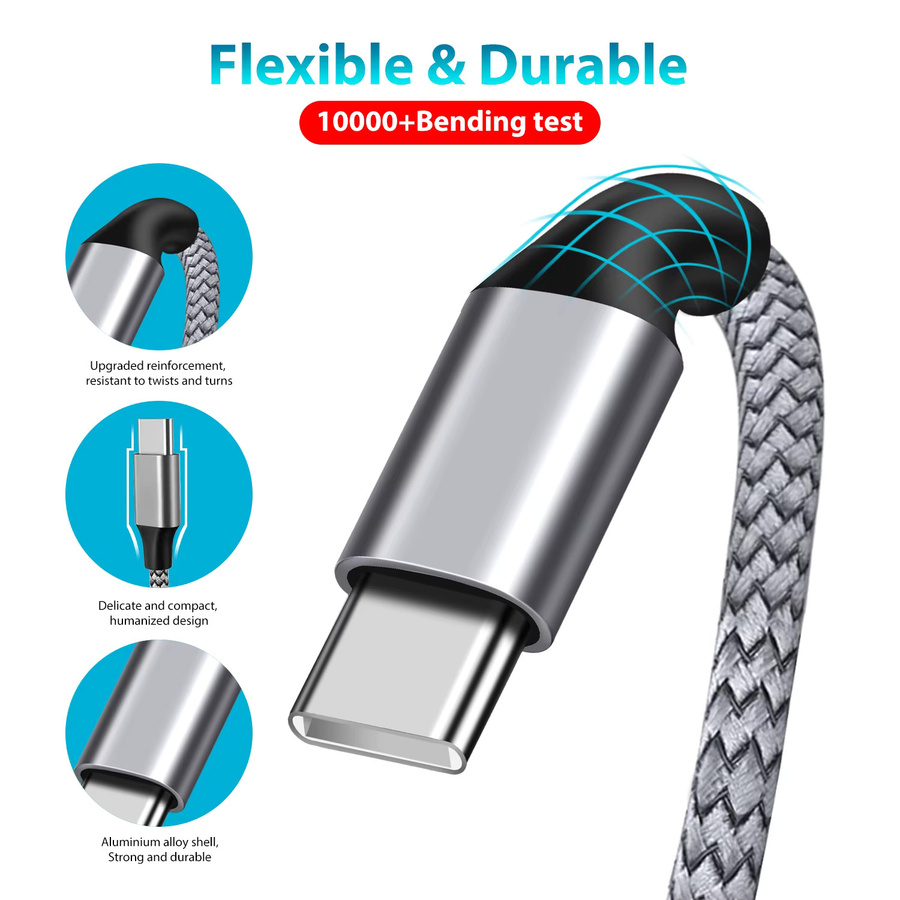 Universelles USB-C auf USB-C Schnellladekabel mit 60W PD-Datenübertragung, grau, nylon-geflochten - Bild 2