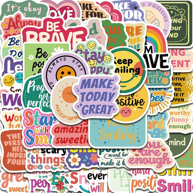 50 Stück PickJoy Positive Affirmation Aufkleber im Kawaii Harajuku Stil, Multicolour, Graffiti Aufkleber für Skateboard, Koffer und Fahrrad - Bild 1