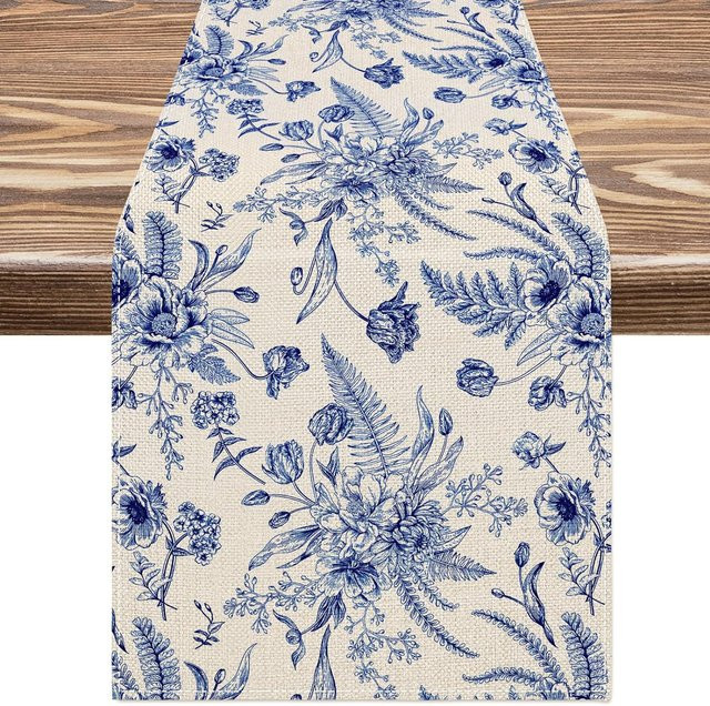JINGYUE Pet Tischläufer aus Leinen mit blau-weißem Porzellan-Floral-Design, B/H: 150 x 33 cm - Bild 1