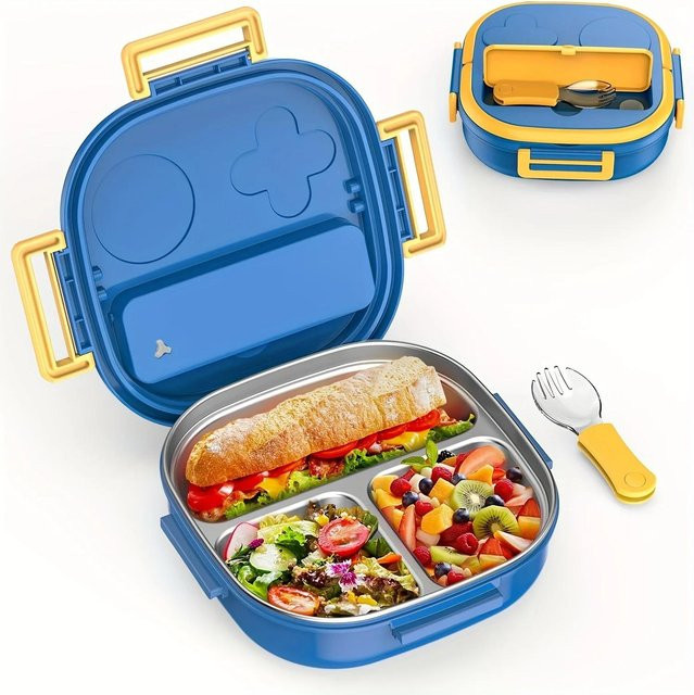 Yiran Furniture Roboterförmige Edelstahl Lunchbox mit Teller und Besteck, 500 ml, Blau, auslaufsicher und isoliert - Bild 1