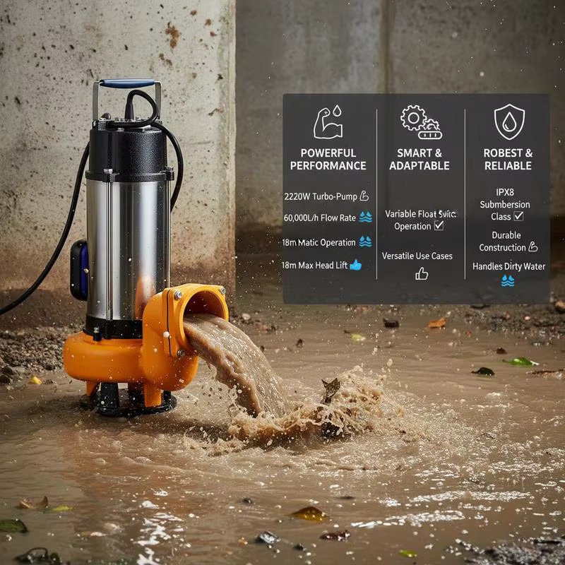 Schmutzwasserpumpe mit variablem Schwimmerschalter, 2200W Tauchpumpe in Weiß, Förderleistung 60000L/h, maximale Förderhöhe 18m, IPX8 Wasserpumpe für den Garten - Bild 3