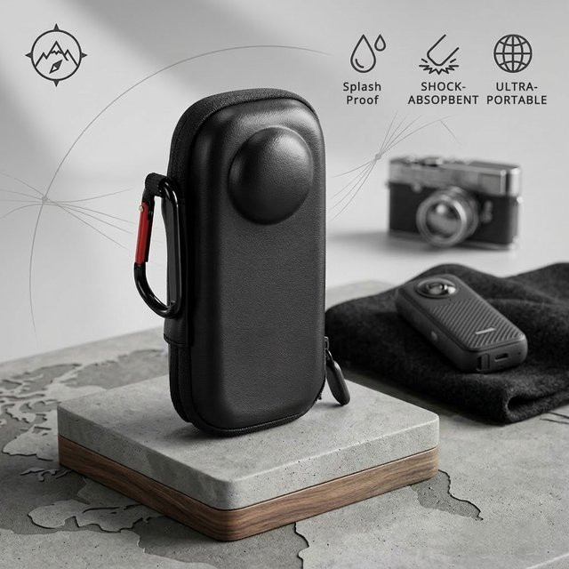 Insta360 Aufbewahrungstasche für Insta360 X4 und X5, stoßfeste Kamera-Hülle aus PU-Leder mit Reiseorganizer und Haken, Schwarz - Bild 1
