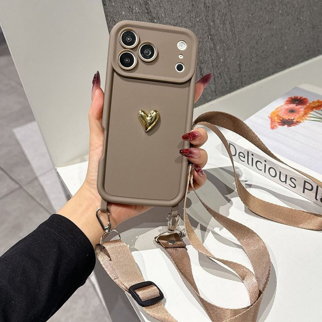NUOCDE Handyhülle mit 3D Goldenem Herz und Umhängeband sowie Halskette für iPhone 11 bis iPhone 17 Pro Max in Gold und Weiß - Bild 1