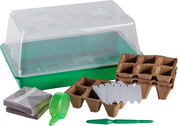 Powertec Garden Zimmergewächshaus Set in Grün aus PAK-freiem Kunststoff mit Anzuchterde, Töpfen und Zubehör, B/T/H: 38 x 24 x 19 cm