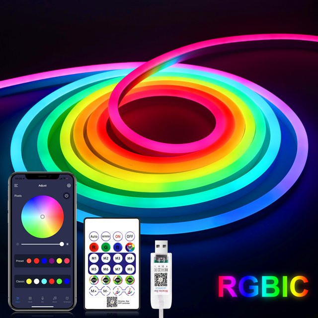 Rybakov Smart Bluetooth RGB LED Neon Flex Streifen mit Fernbedienung und USB-Anschluss, Mehrfarbig - Bild 1