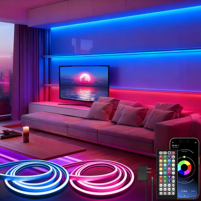 Mexllex RGB LED Neon Flex Streifen mit App- und Fernbedienung, IP67 Wasserdicht, 24V Musik Sync Seil Lampe in Multicolour - Bild 1
