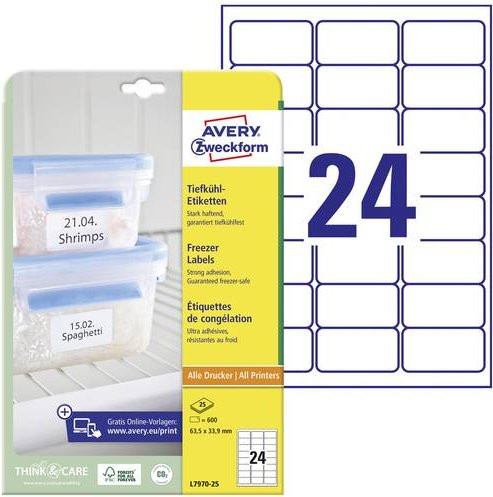 Avery Zweckform L7970-25 Tiefkühl-Etiketten Weiß, 600 Stück, Permanent haftend für Tintenstrahl- und Laserdrucker, B: 63,5 mm, H: 33,9 mm - Bild 1