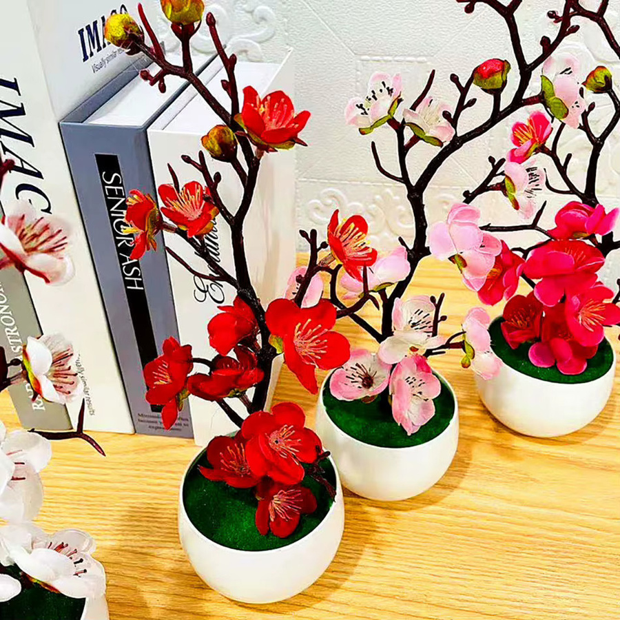 Uflower Künstliche Pflaume im Blumentopf, Rosa, Dekorative Kunstpflanze für Home Office und Tischdekoration - Bild 2