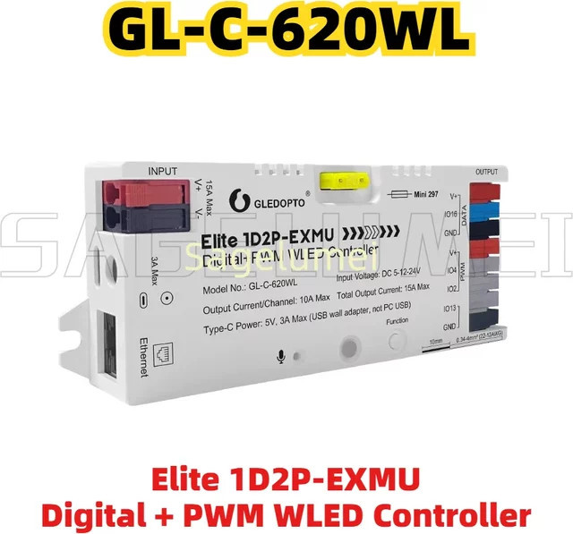 WLED Controller Elite 1D2P-EXMU GL-C-620WL mit integriertem Relais und Sicherung, Ethernet und USB Typ-C für digitale RGBIC PWM und einfarbige CCT LED-Streifen in Weiß - Bild 1