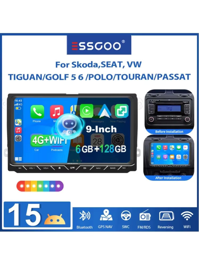 ESSGOO Android 15 Autoradio mit 9 Zoll Display, 6+128G Speicher, 4G LTE, kabelloses CarPlay, Android Auto, GPS und Bluetooth für VW Golf 5 6, Passat, Polo, Touran, Tiguan und Jetta, Schwarz - Bild 5