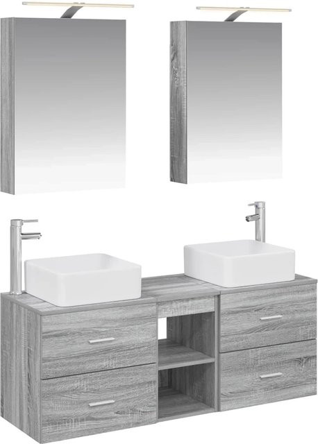 vidaXL Badezimmermöbel-Set 5-teilig in Grau Sonoma, modern mit Spiegelschrank, Waschtischunterschrank und Wandschränken aus Holz und Glas mit LED-Beleuchtung - Bild 1