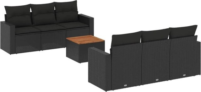 vidaXL 7-tlg Garten-Sofagarnitur mit Kissen aus Poly Rattan und Akazienholz in Schwarz - Bild 1