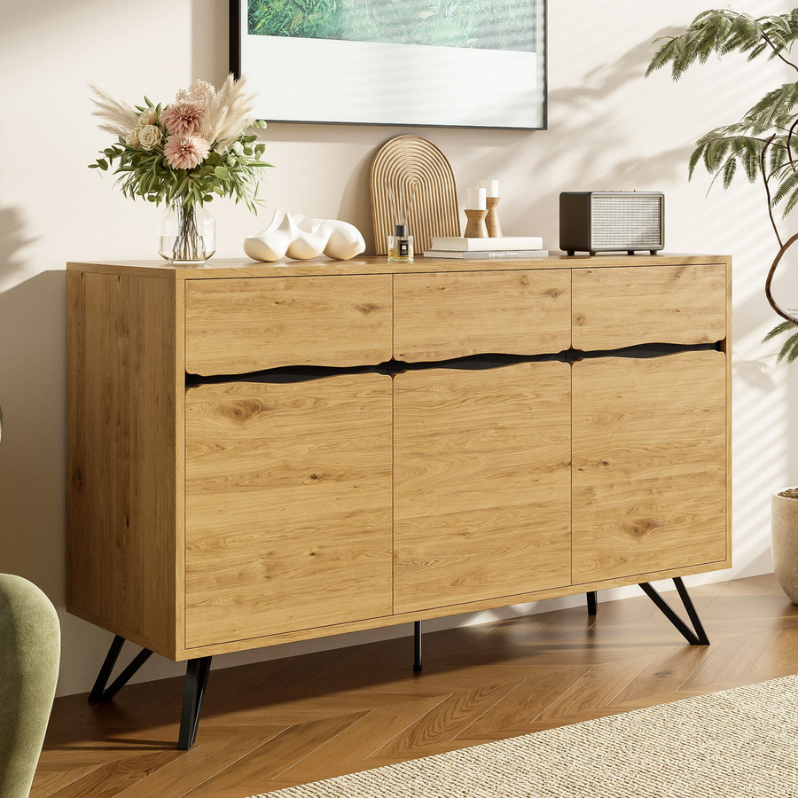 Modernes 3-türiges Sideboard von Aosom in Naturfarbe mit Metallbeinen, B/T/H: 140 x 40 x 75,5 cm - Bild 2