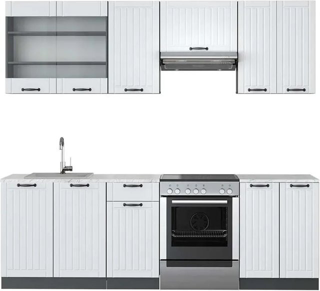 Vicco Fame-Line Küchenzeile im Landhausstil in Weiß und Anthrazit mit Marmor-Optik, Breite: 240 cm - Bild 1