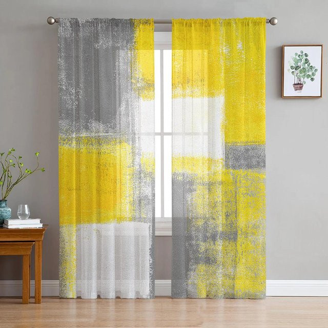 Transparente Voile Vorhänge von Yiran Furniture in Gelb mit abstraktem geometrischem Ölgemälde-Stil, Breite: 135 cm, Höhe: 115 cm - Bild 1