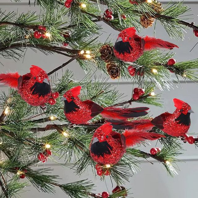 LUSQI 6er Set Rote Feder-Vogel Ornamente mit Glitter als Wasserdichte Hänge-Dekoration für Weihnachten, Hochzeit, Party und Garten - Bild 1