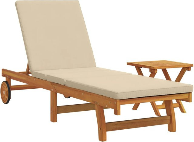 vidaXL Roll-Sonnenliege aus massivem Akazienholz mit Tisch und beige Kissen für Garten und Terrasse - Bild 1