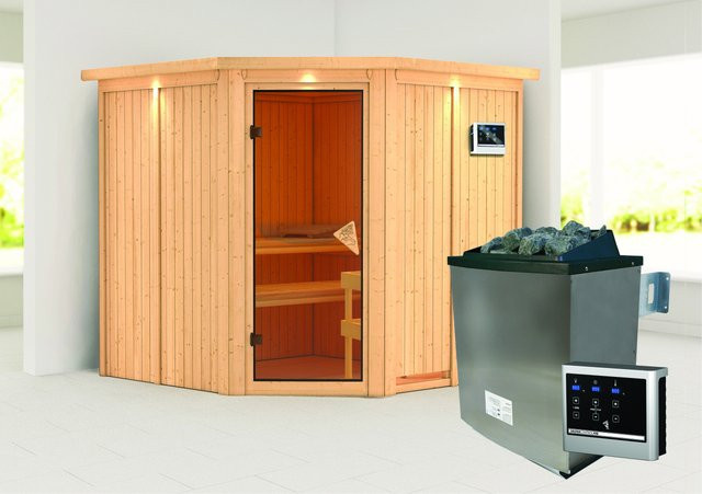 Karibu Sauna Jorma aus Fichte mit Edelstahlofen 9,0 kW, externem Steuergerät und Dachkran, Farbe Braun, B/T/H: 196 x 210 x 202 cm - Bild 1