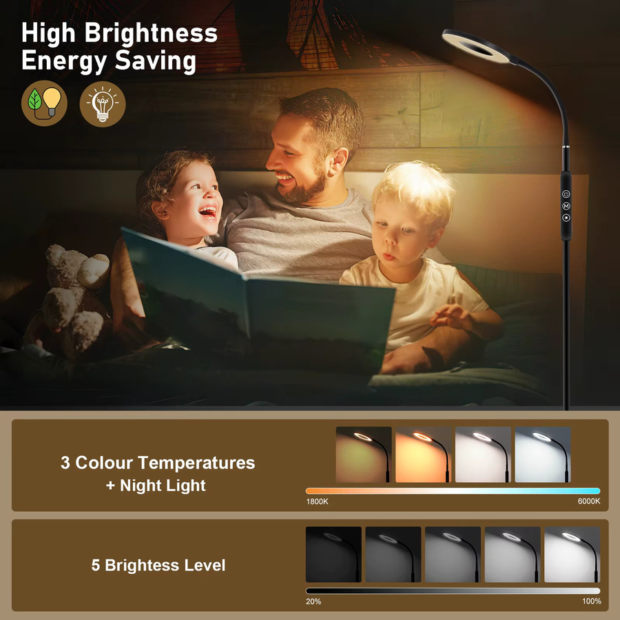 LEOEU LED-Stehleuchten Set in Schwarz mit Fernbedienung, 12 W dimmbare Leselampe mit Memory-Funktion und CCT-Farbtemperatur für Wohnzimmer, Schlafzimmer und Büro - Bild 2