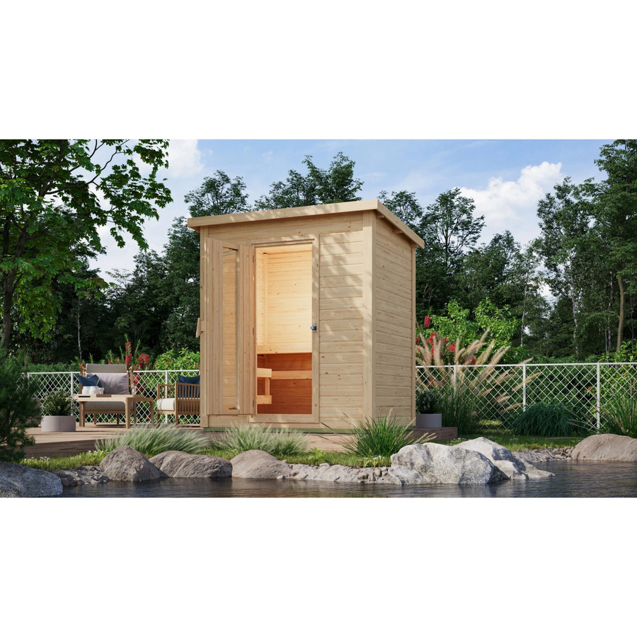 Karibu Saunahaus Arvi Set aus Fichte mit 9 kW Ofen und externer Steuerung, Farbe: Braun, Naturbelassen - Bild 2