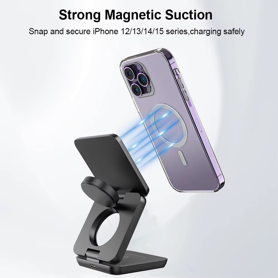 raugee 3 in 1 faltbare magnetische kabellose Ladestation für iPhone 15 14 13 12 Pro Max, Schwarz - Bild 2