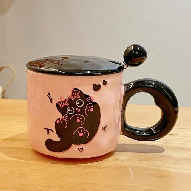 Niedliche Katze Keramiktasse mit Deckel in Pink, 400 ml - Bild 1