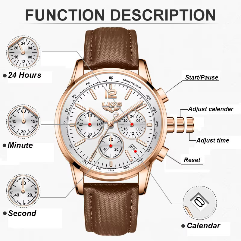 LIGE Chronograph, Quarz, Leder, Roségold, Weiß, Herren - Bild 3