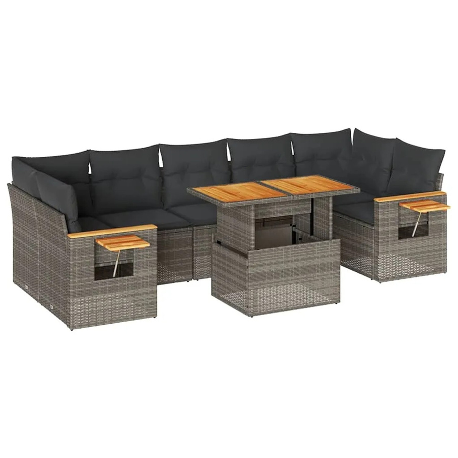 vidaXL 8-teilige Garten-Sofagarnitur in L-Form aus Poly-Rattan und Akazienholz mit grauen Kissen - Bild 2