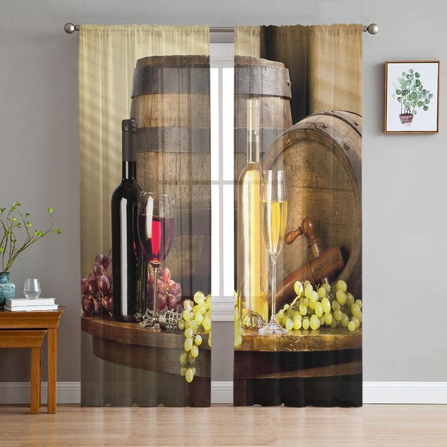 Transparente Tüll-Vorhänge mit Wein-Motiv aus Voile und Organza für Wohnzimmer und Küche, Breite: 135 cm, Höhe: 115 cm - Bild 1