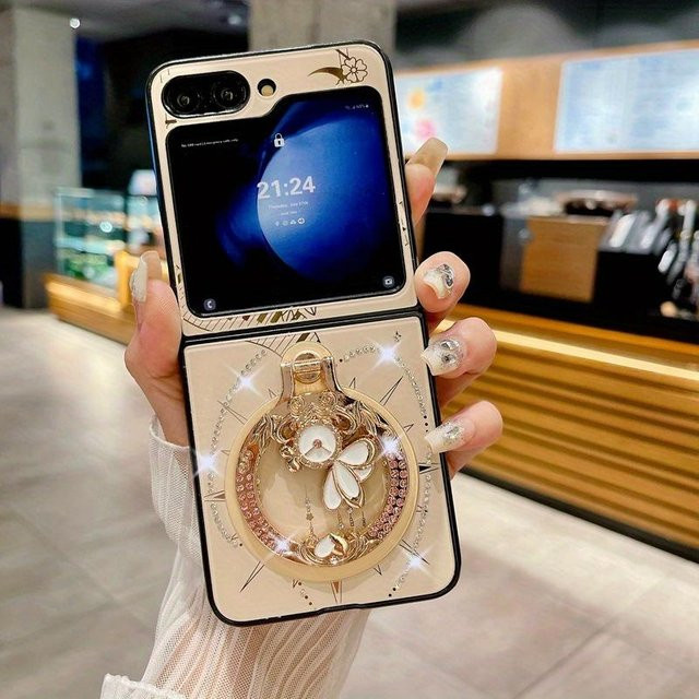 Elegante Samsung Galaxy Z Flip 6 5 4 3 Handyhülle mit Magnetischem Ständer in Gold, Bling Glitzer Marmor Floral Design - Bild 1