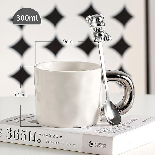 Hochwertige Keramiktasse mit Löffel im Bären-Design von Yiran Furniture, Farbe Weiß, 300 ml - Bild 1