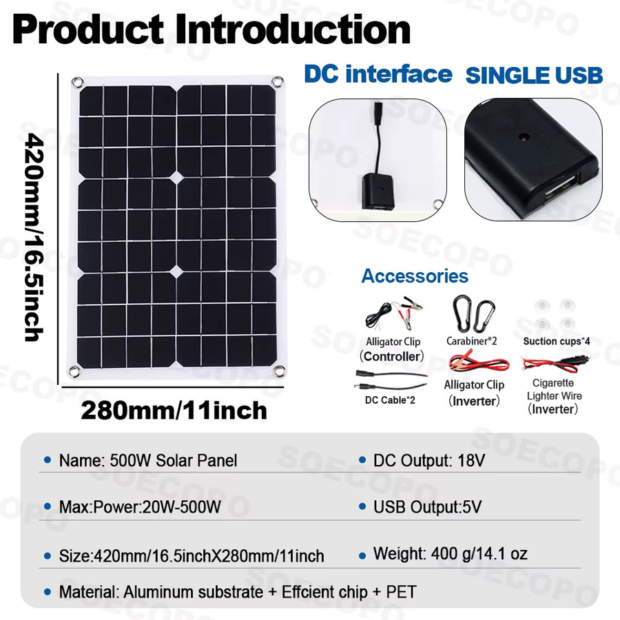 Soecopo Off-Grid Solarsystem mit 500W Solarpanel, 100A Laderegler und 10000W/1100W Wechselrichter DC12V zu 220V für Zuhause, Wohnmobil und Camping - Bild 3
