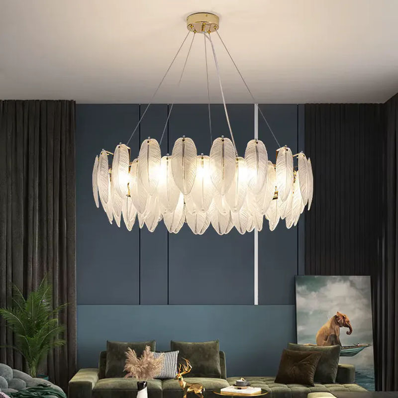 MZISOSOD Moderne Pendelleuchte Feder-Design aus Glas und Metall in Gold und Transparent mit E14 Fassung für Wohnzimmer und Schlafzimmer - Bild 2