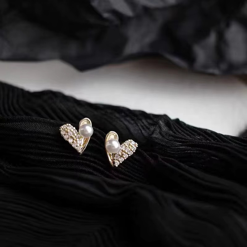 Anenjery Ohrstecker, Silber Farbe, Mikro Zirkon, Liebe Herz, Perle, Damen - Bild 3