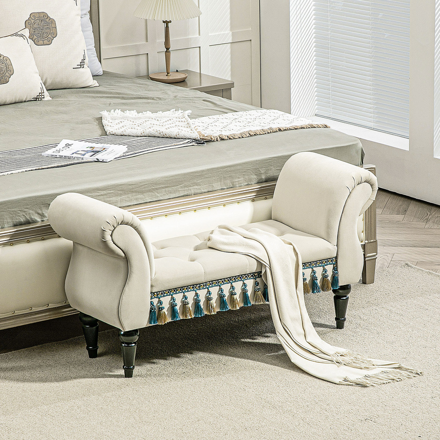 HOMCOM Polsterbank für Schlafzimmer und Wohnzimmer mit Armlehnen in Beige, Samtoptik und Holzbeinen, B/T/H: 117 x 40 x 58 cm - Bild 2