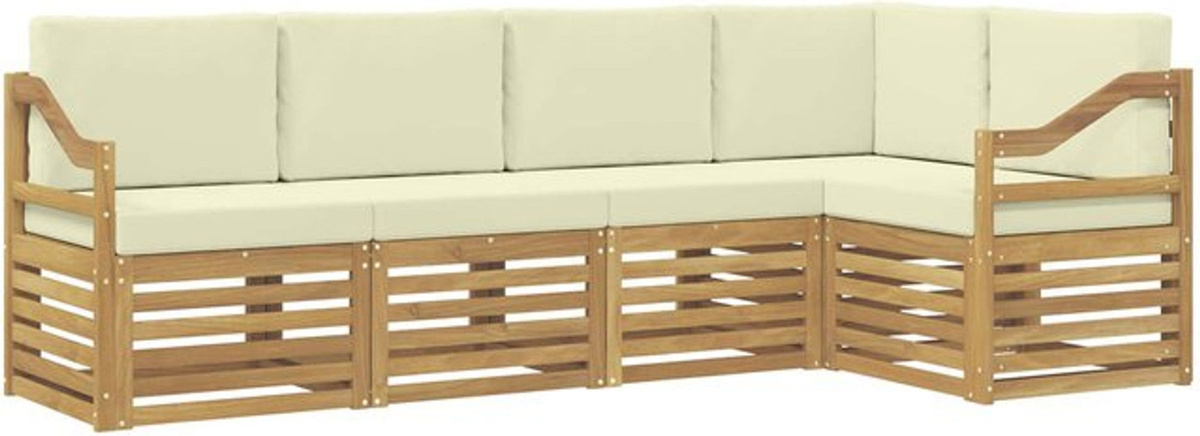 vidaXL Ecksofa Set mit 5 Kissen aus Massivholz Akazie in Weiß und Beige, modern und wendbar - Bild 1