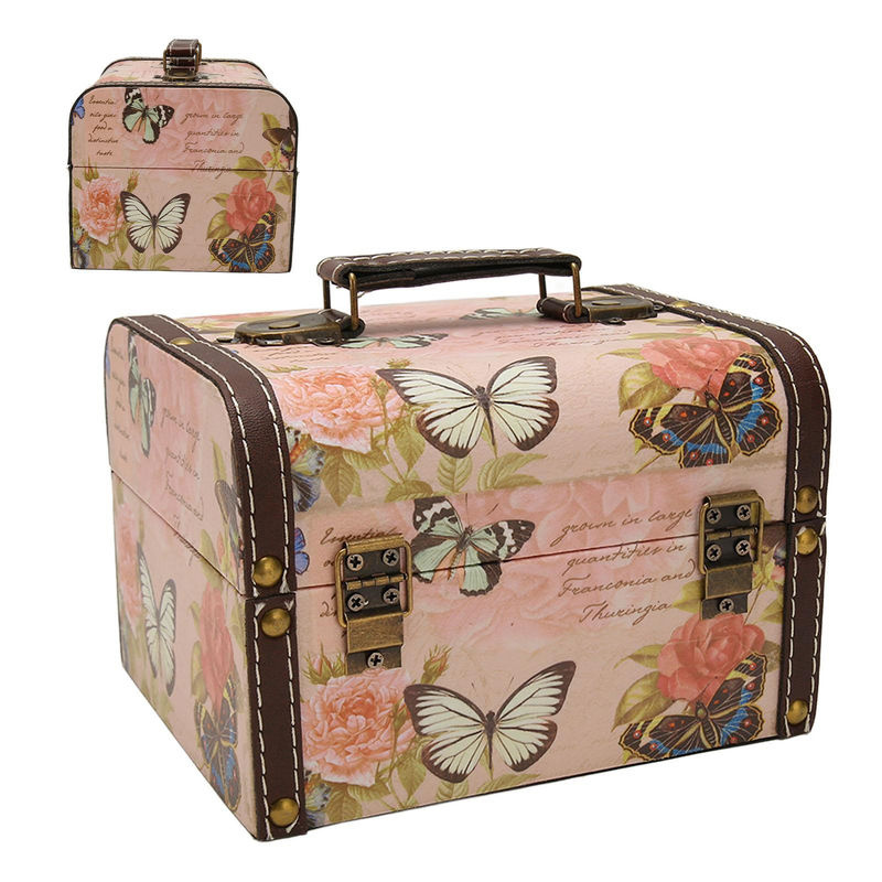 Neoglint Schatztruhe Box mit Schmetterlingsmuster in Rosa und Beige aus Holz und PU Leder - Bild 3