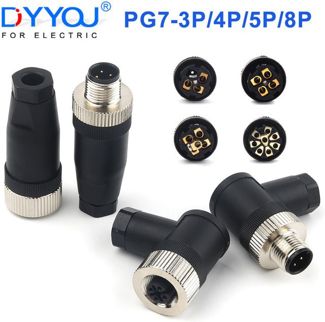 DIY YOU Wasserdichter M12 PG7 Sensor-Steckverbinder Satz mit gerade und winkel Ausführung, elektrischer Drahtverbinder als Schraubgewindekupplung, erhältlich mit 3/4/5/8 Pin, lötfrei - Bild 1