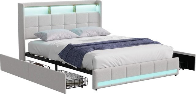 Polsterbett PXloue in Beige mit LED-Beleuchtung, USB-Ladefunktion und Stauraum durch Schubladen, B/T/H: 160 x 200 x 112 cm - Bild 1