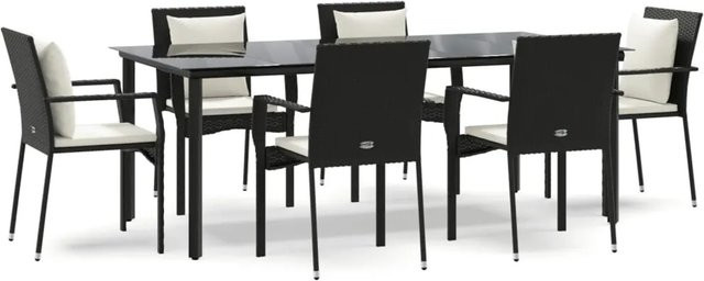 vidaXL 7-teilige Garten-Essgruppe aus Poly Rattan in Schwarz mit Tisch aus gehärtetem Glas und Kissen - Bild 1