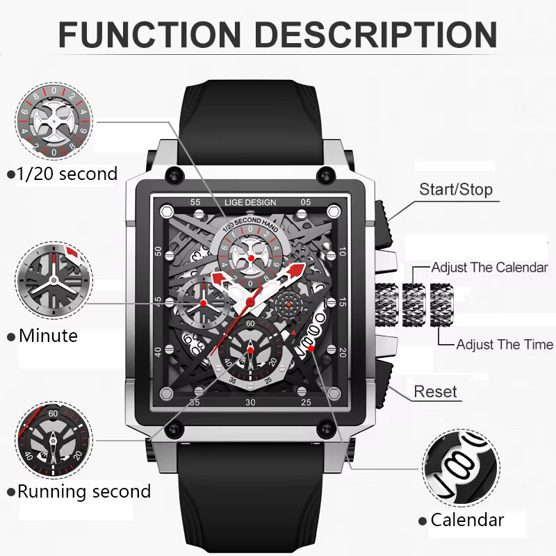 LIGE Chronograph Armbanduhr, Quarz, Schwarz, Silikon, Herren - Bild 3