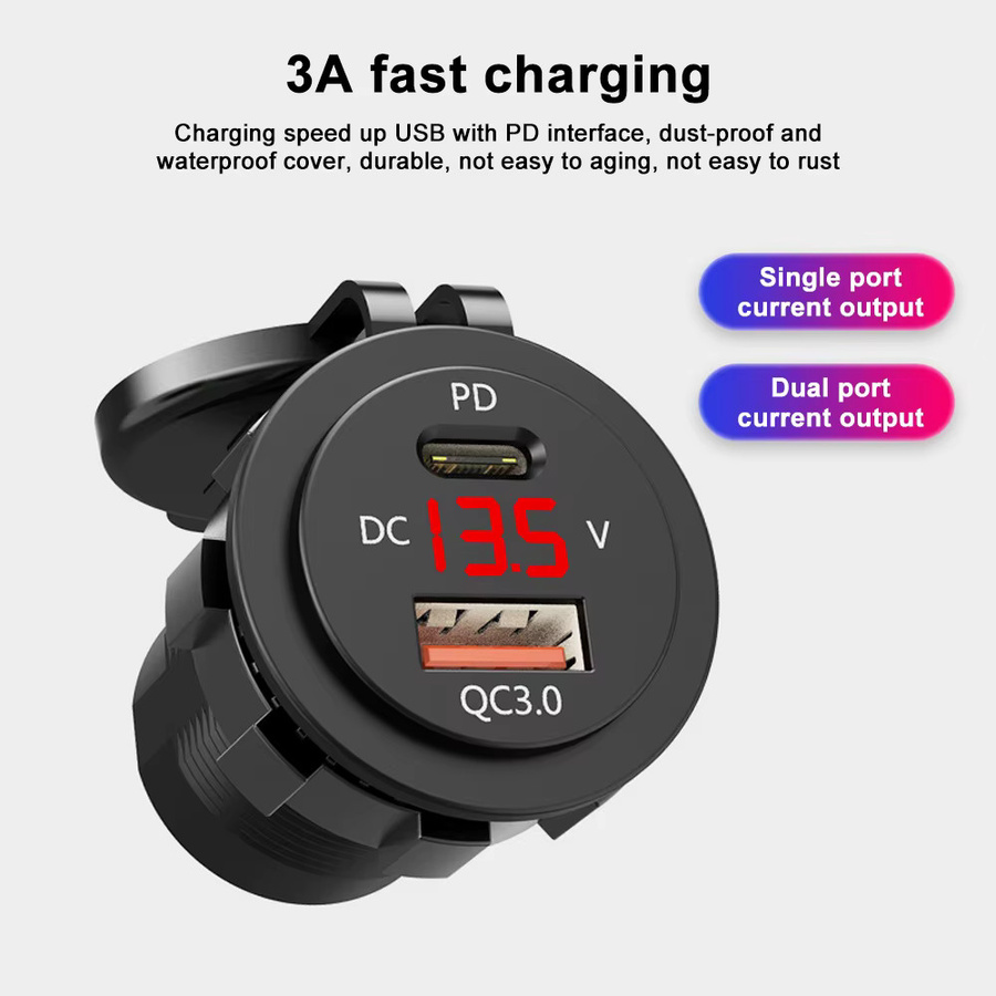 Wasserdichte USB-Ladebuchse mit PD Typ C und QC3.0 Schnellladegerät-Adapter, 12V 40W mit Schalter, Schwarz, für Auto, Marine und Motorrad - Bild 3