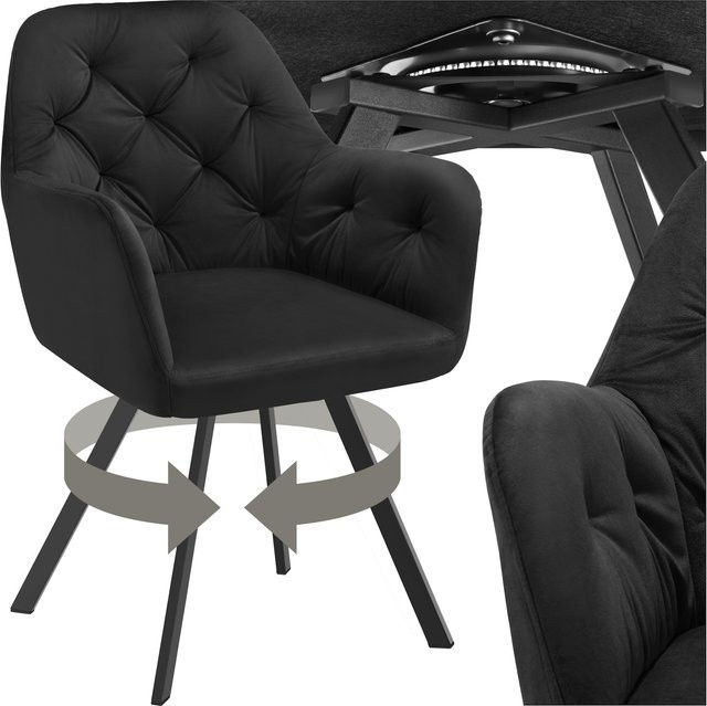 tectake Lucia Drehbarer Samt-Armlehnstuhl mit Steppmuster in Schwarz, B/T/H: 58 x 58 x 87 cm - Bild 1