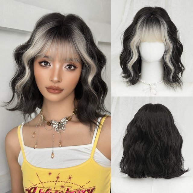 7JHH WIGS Wasserwellen-Perücke Schwarz Ombre Weiß, Damen, Synthetisch - Bild 1