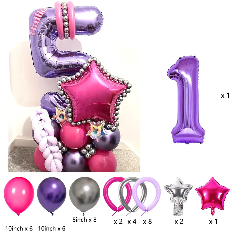 Potdemiel Geburtstagsballon-Set mit sternförmigen Ballons und Zahlen 1-9 in Lila zur Partydekoration - Bild 2