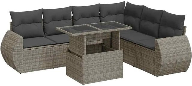vidaXL 7-teilige Garten-Sofagarnitur in L-Form aus Poly-Rattan in Grau mit wetterfesten Kissen und pulverbeschichtetem Stahlgestell - Bild 1