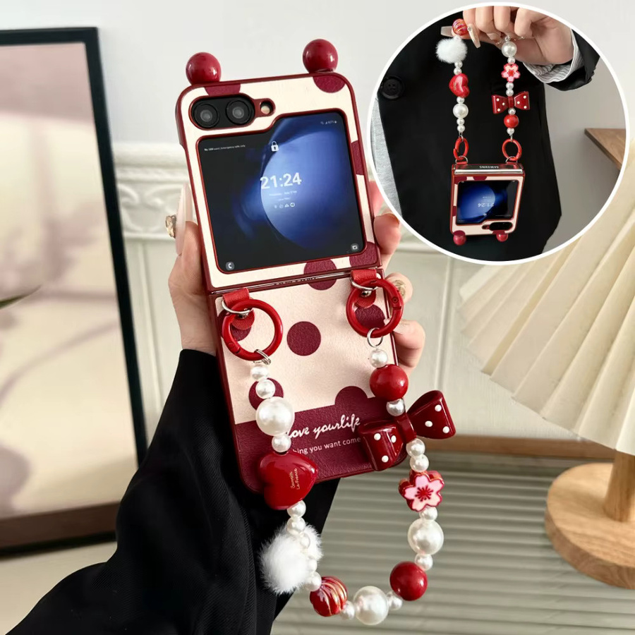 Luxus Handyhülle mit Kristall, Perlen und Pelz sowie Leder-Handgelenkband für Samsung Galaxy Z Flip 7, 6, 5, 4, 3 in Rot - Bild 2